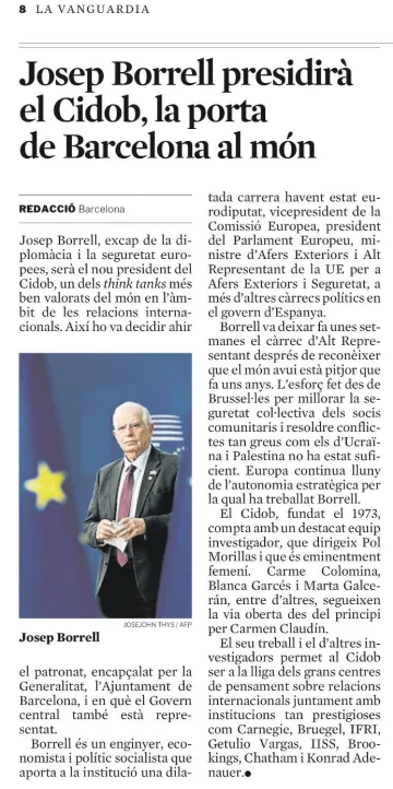 Josep Borrell presidirà el Cidob, la porta de Barcelona al món